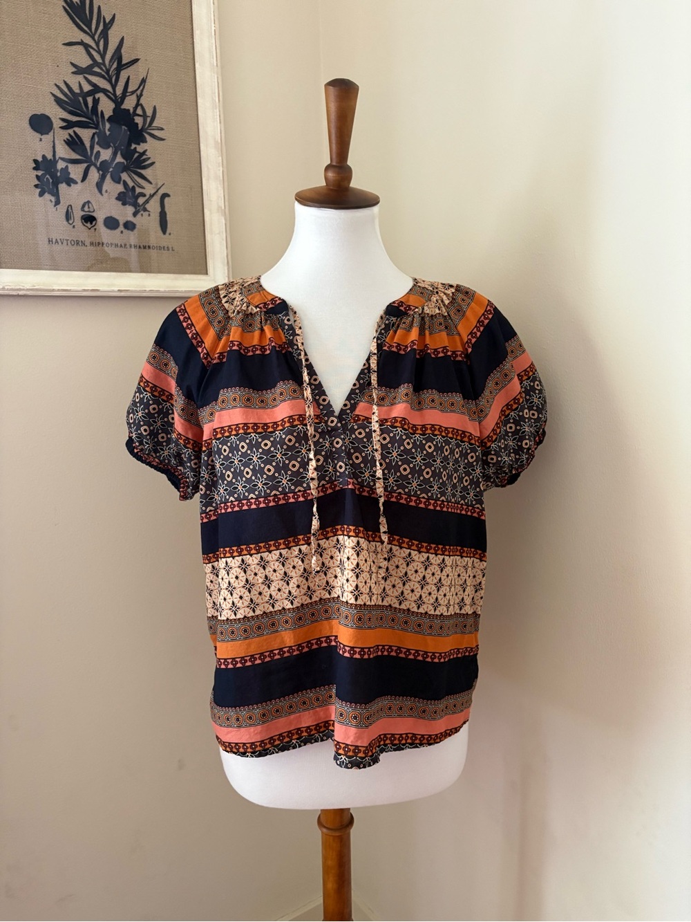 Loft Striped Pattern Peasant Blouse in Navy and Rust